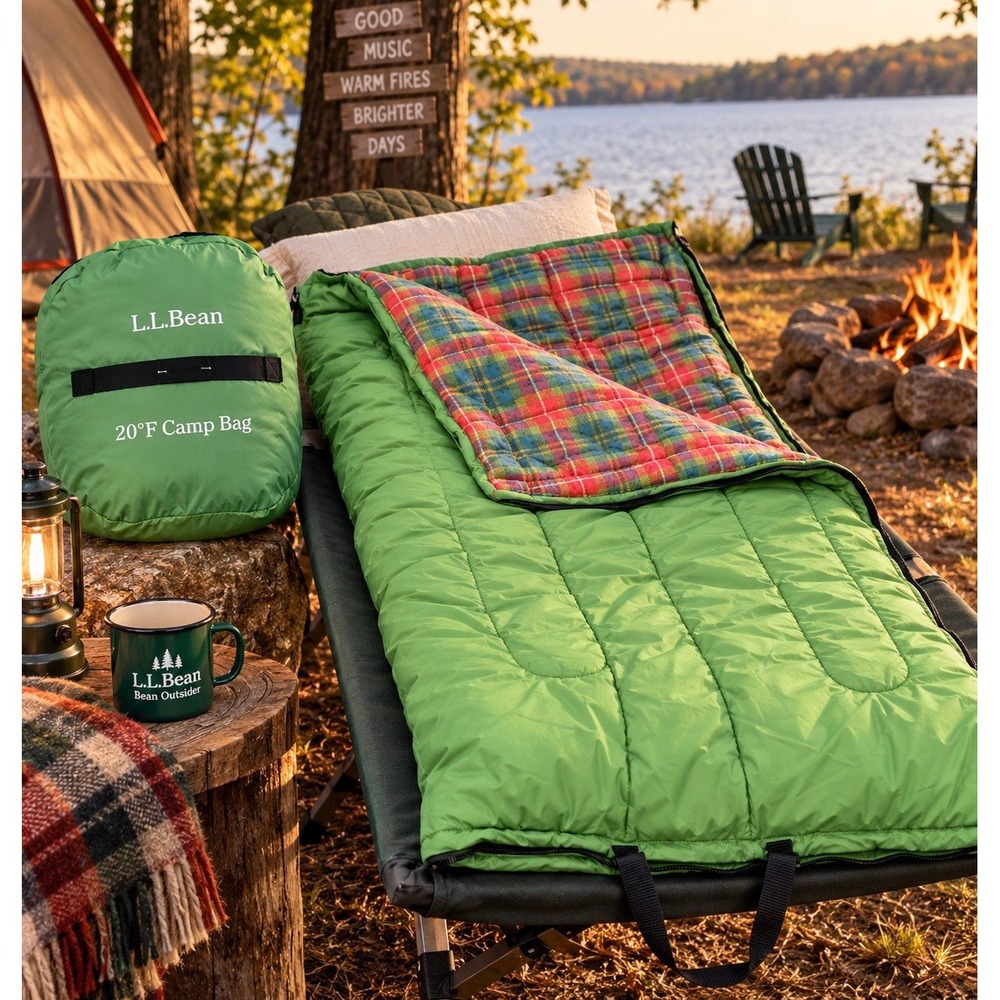 L.L.Bean 20°F Camp Sleeping Bag Green Plaid Lined Adult w/ Storage Sack